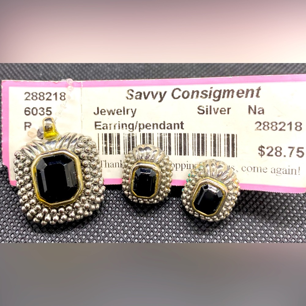 Pendant & earrings set. Chain not included. Silver & gold tone with black stone.